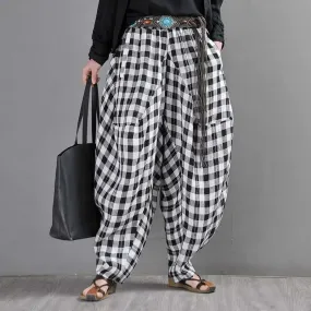 Bohemian Black and White Checkered Linen Bloomers for Women