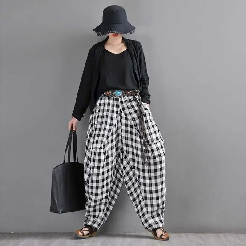 Bohemian Black and White Checkered Linen Bloomers for Women