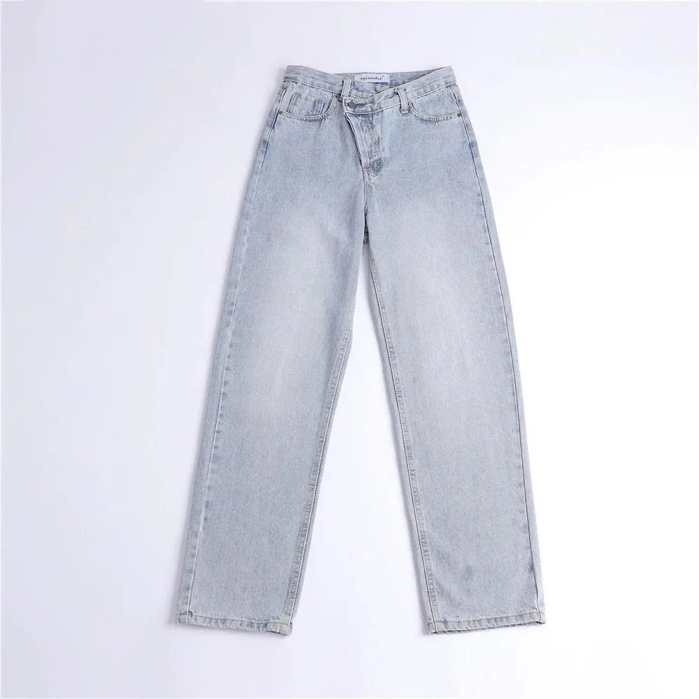 Button Up Jeans for Women Irregular High Waisted Straight Baggy Jeans