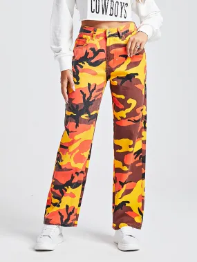 Camo Zipper High Waist Long Women Jeans