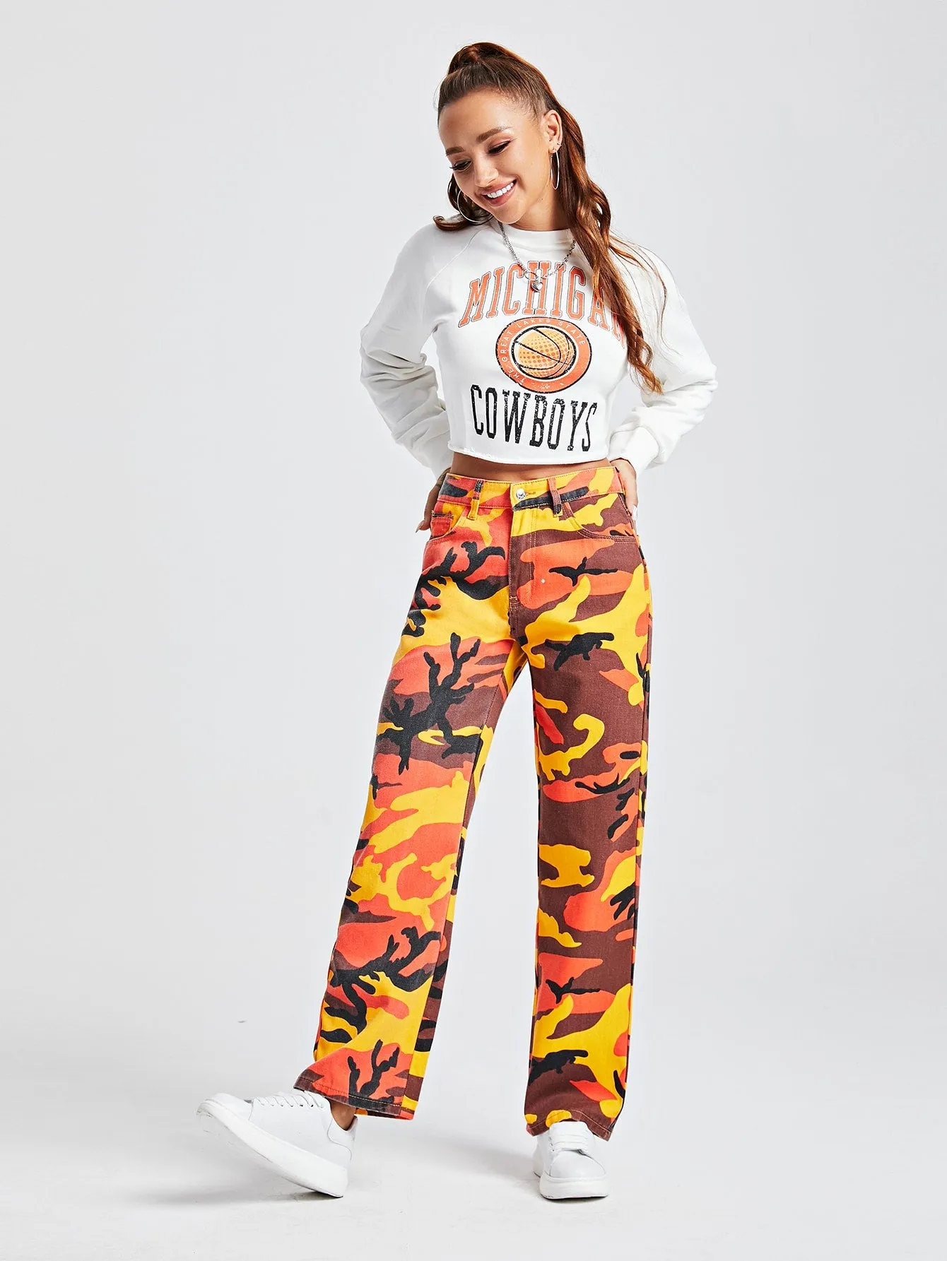 Camo Zipper High Waist Long Women Jeans