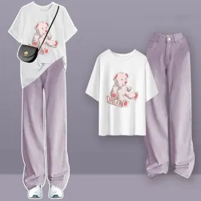 Cartoon Bear Letter Print T-Shirt Denim Pants Two Piece Set