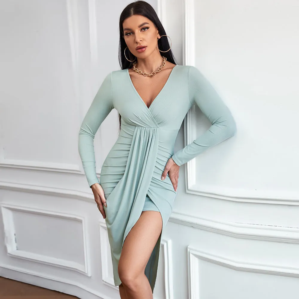 Casual Bodycon Long Sleeve V-Neck Knit Dress