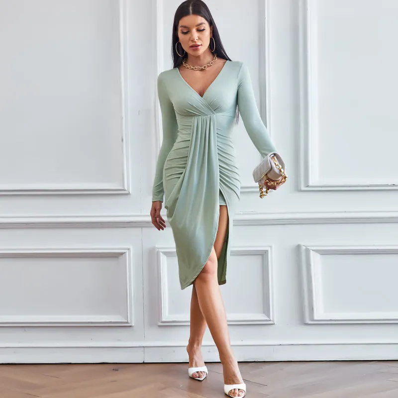 Casual Bodycon Long Sleeve V-Neck Knit Dress