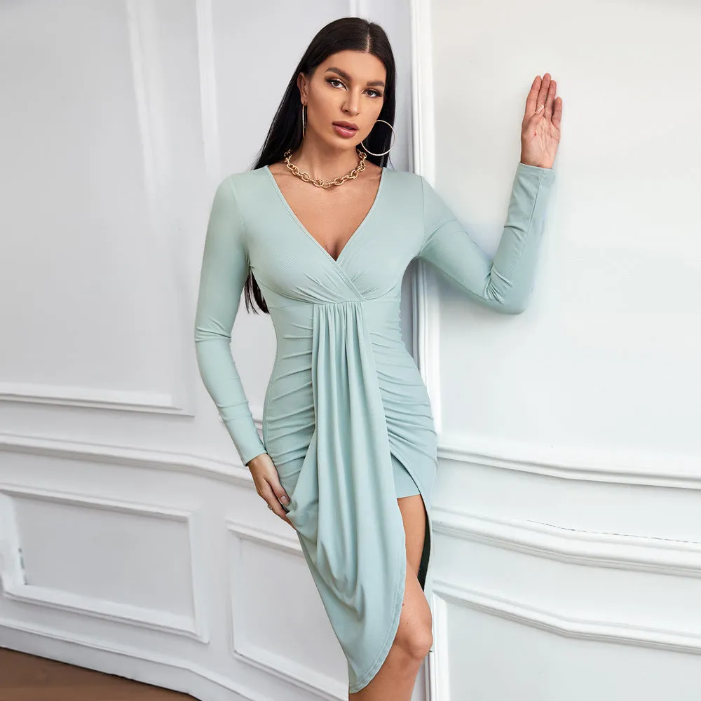 Casual Bodycon Long Sleeve V-Neck Knit Dress