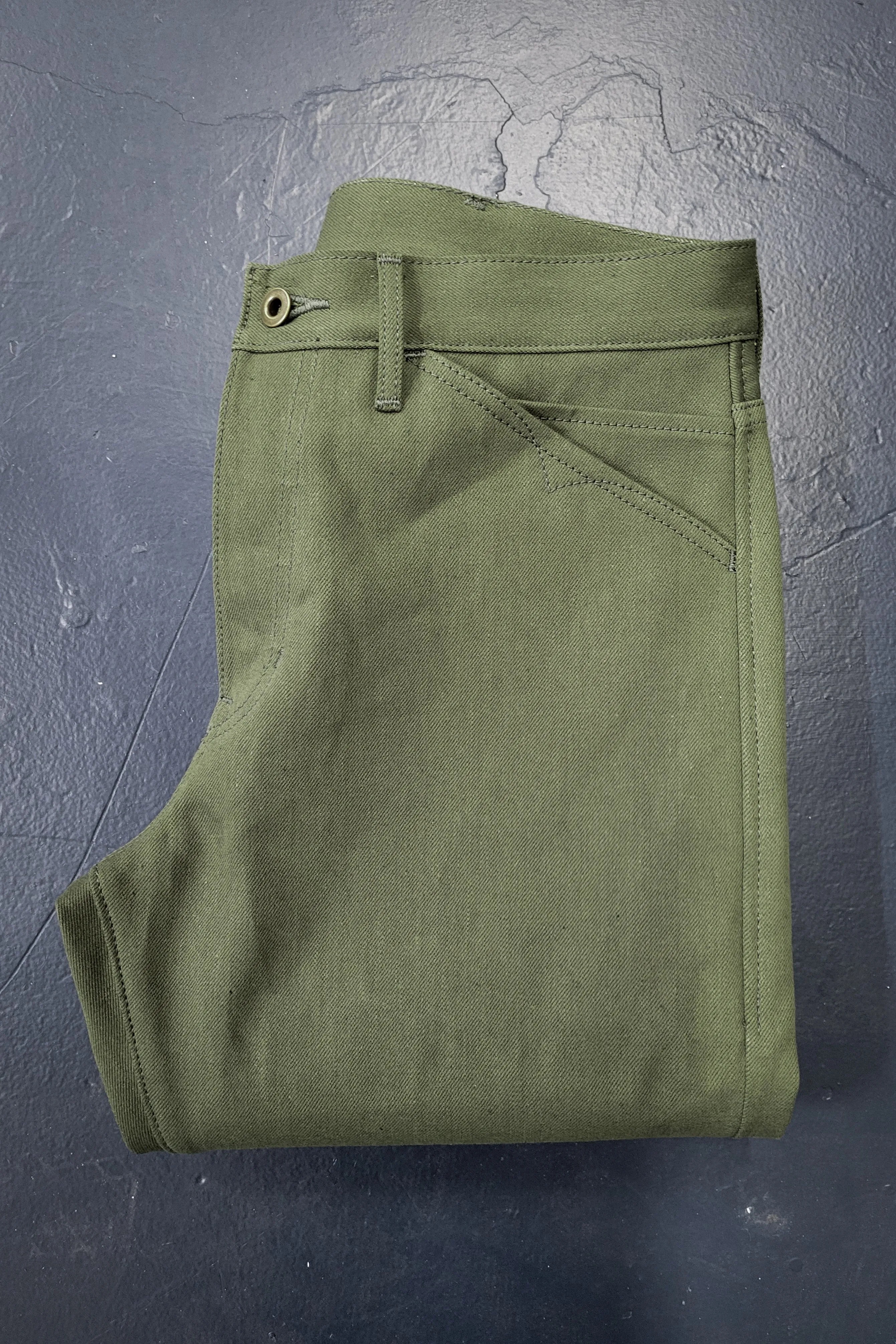 Casual Denim Pants - 13.5oz. Nihon Menpu Olive Selvedge Denim