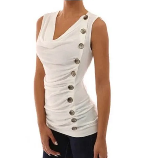 Casual Slim V Neck Button Ladies Sleeveless Shirt