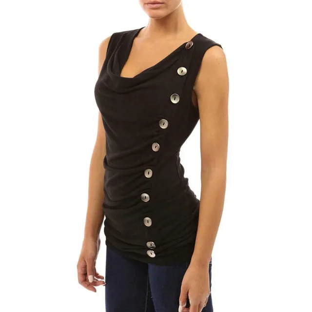 Casual Slim V Neck Button Ladies Sleeveless Shirt