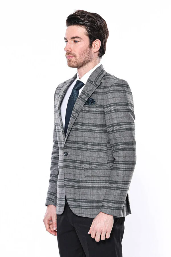 Checked Slim Fit Single Button Green Men Blazer - Wessi