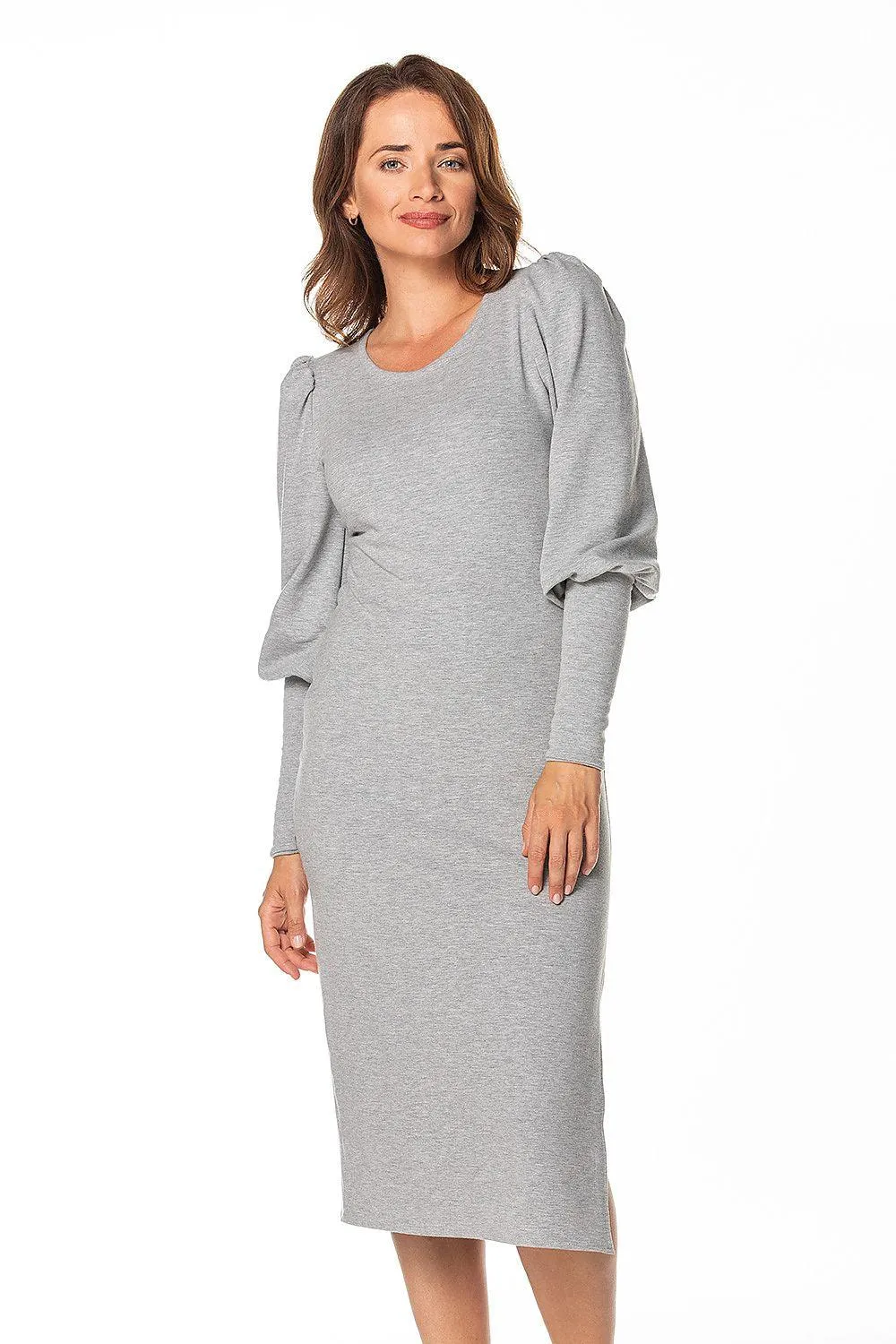 Chic Boat Neck Knit Midi Dress with Elegant Buff Sleeves