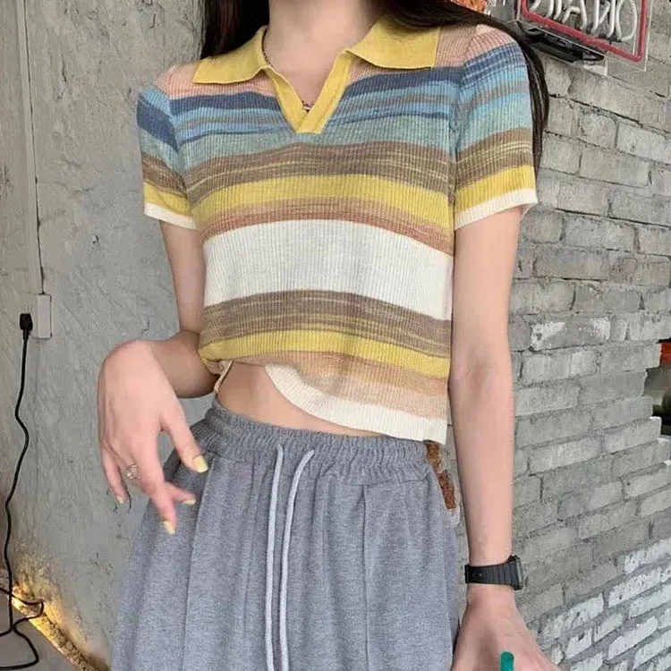 Chic Collar Rainbow Striped Colorblock Lapel Short Sleeve T-Shirt