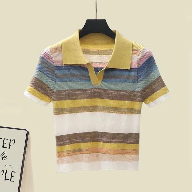 Chic Collar Rainbow Striped Colorblock Lapel Short Sleeve T-Shirt