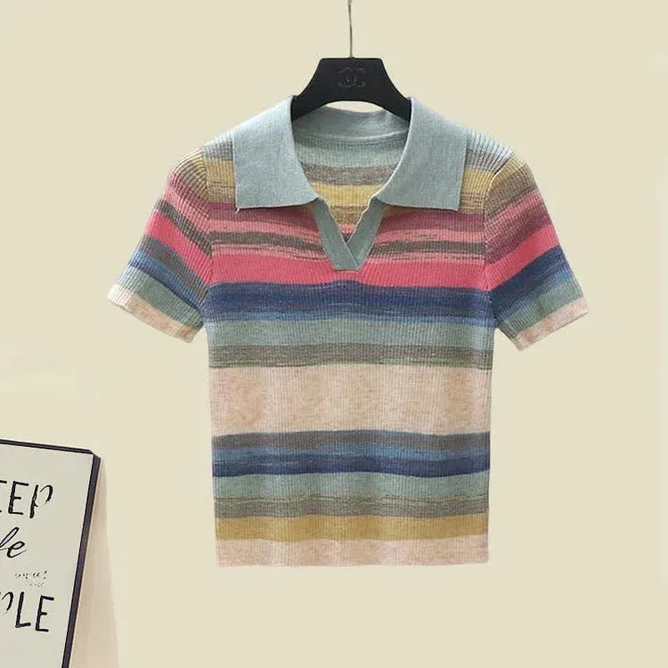 Chic Collar Rainbow Striped Colorblock Lapel Short Sleeve T-Shirt