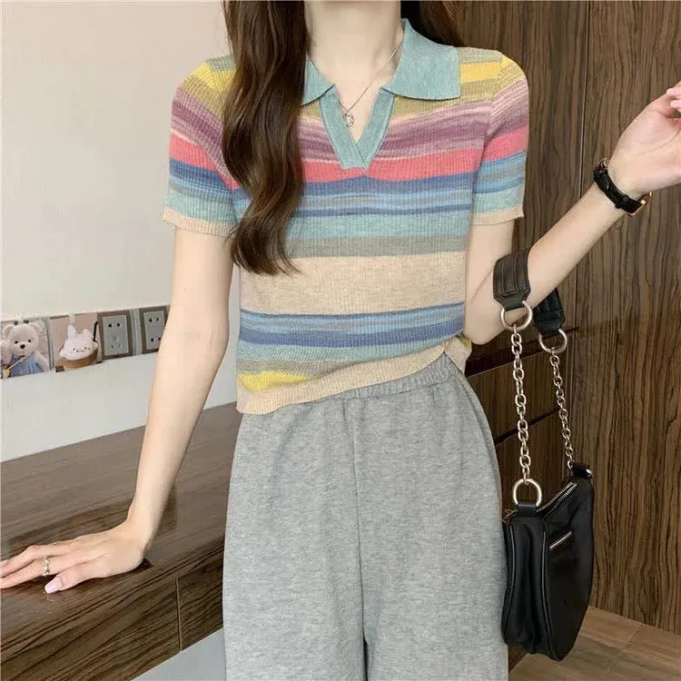 Chic Collar Rainbow Striped Colorblock Lapel Short Sleeve T-Shirt