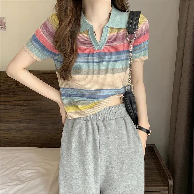 Chic Collar Rainbow Striped Colorblock Lapel Short Sleeve T-Shirt