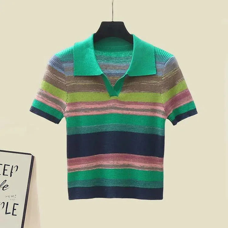 Chic Collar Rainbow Striped Colorblock Lapel Short Sleeve T-Shirt