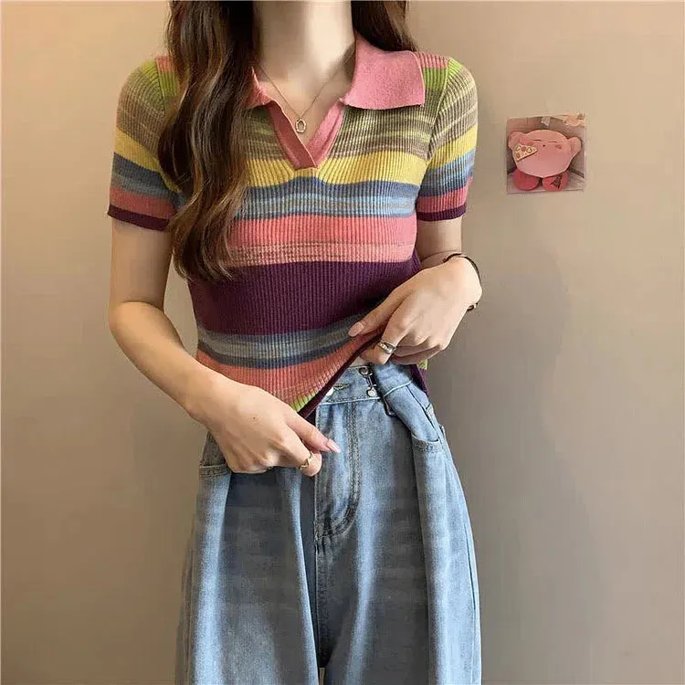 Chic Collar Rainbow Striped Colorblock Lapel Short Sleeve T-Shirt