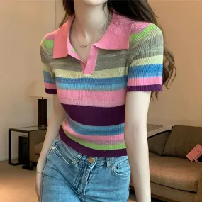 Chic Collar Rainbow Striped Colorblock Lapel Short Sleeve T-Shirt