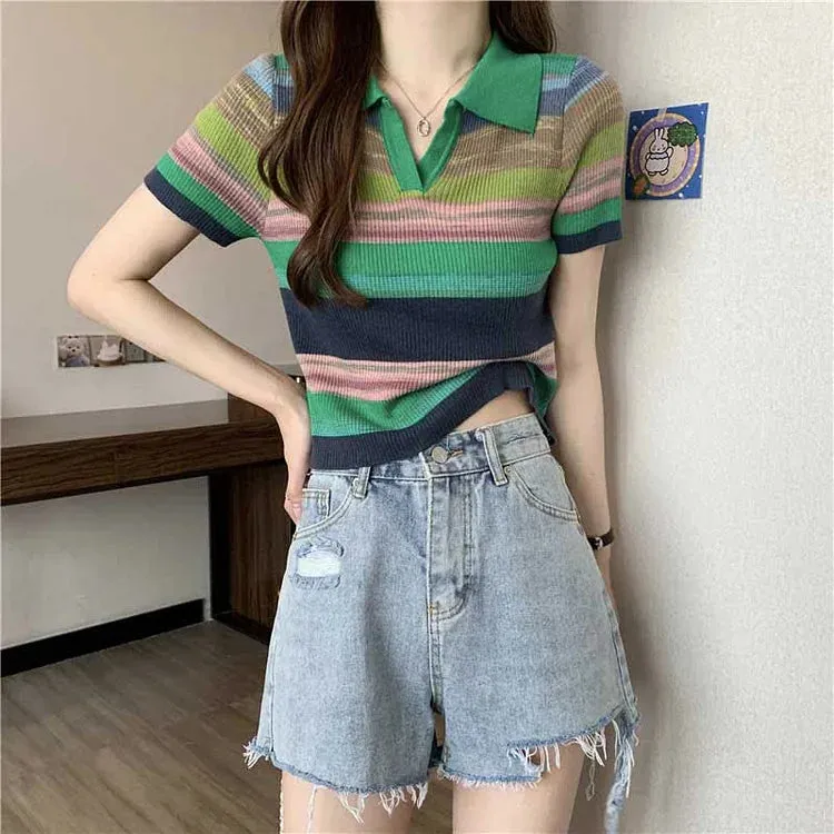 Chic Collar Rainbow Striped Colorblock Lapel Short Sleeve T-Shirt