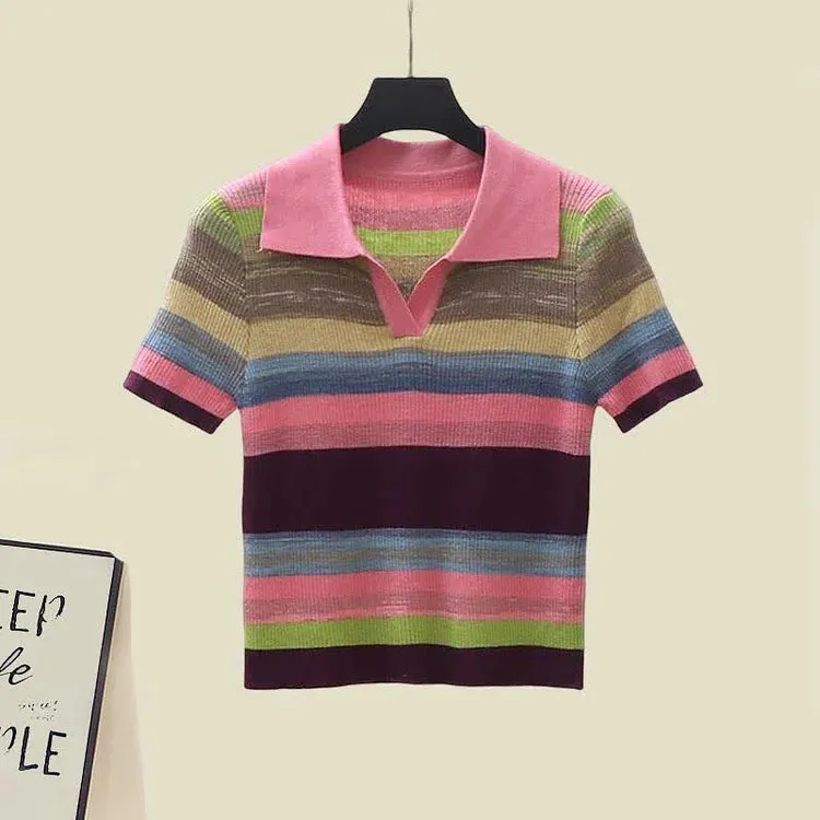 Chic Collar Rainbow Striped Colorblock Lapel Short Sleeve T-Shirt