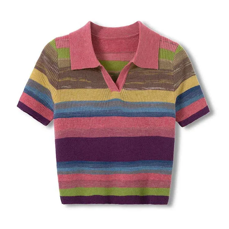 Chic Collar Rainbow Striped Colorblock Lapel Short Sleeve T-Shirt