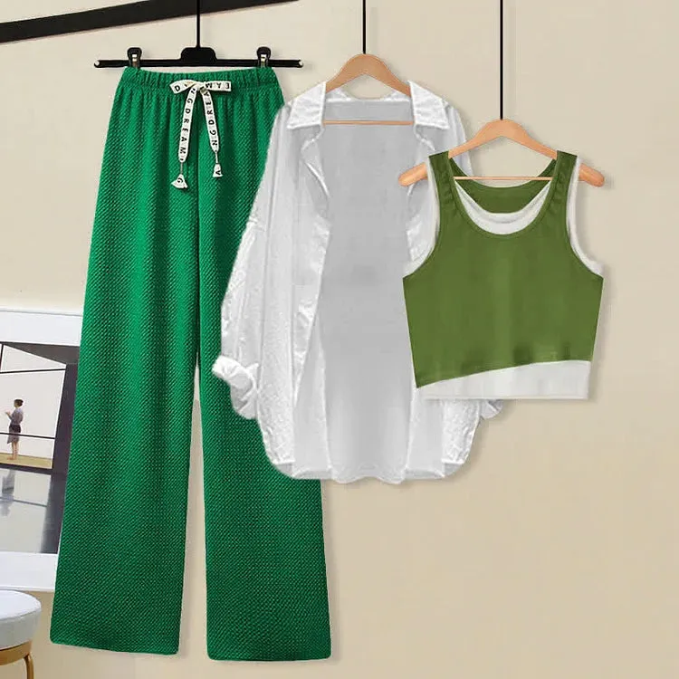 Chic Pure Color Shirt Cami Top Pants Three Piece Set