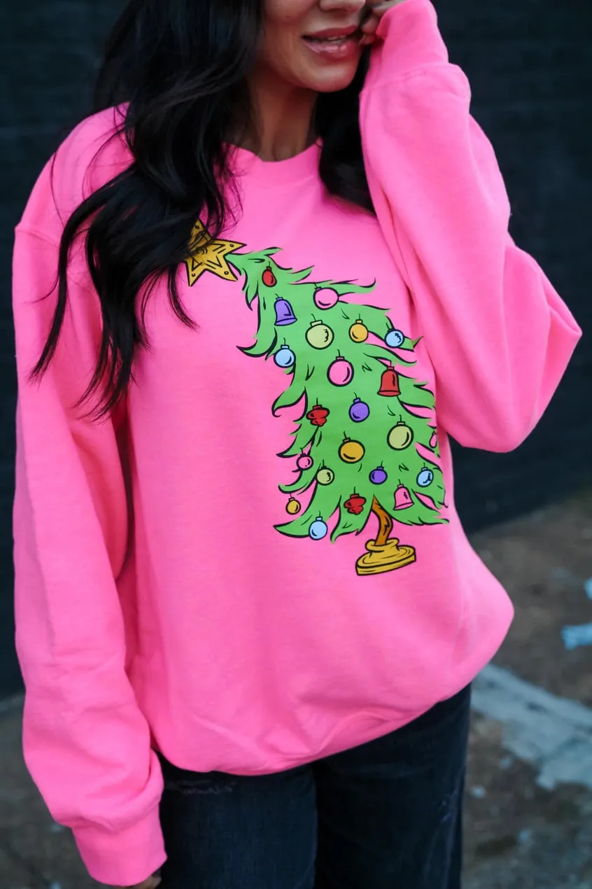 Classic Cartoon Christmas Tree Neon Pink Graphic Sweatshirt