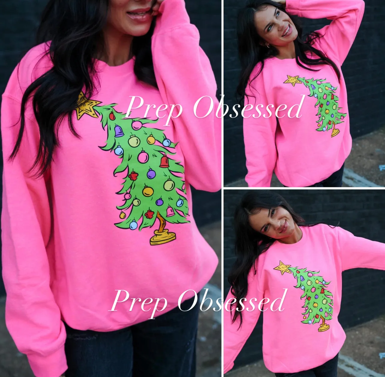 Classic Cartoon Christmas Tree Neon Pink Graphic Sweatshirt