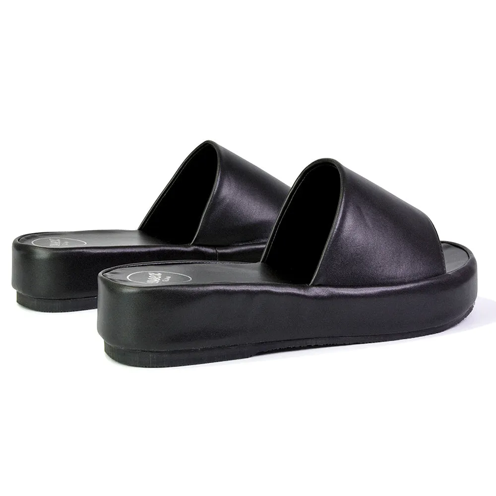 Coco Flatform Summer Comfy Slip on Low Wedge Platform Flat Sandal Slides in Black