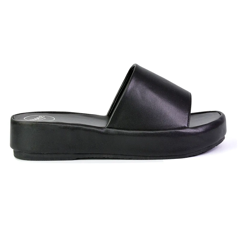 Coco Flatform Summer Comfy Slip on Low Wedge Platform Flat Sandal Slides in Black