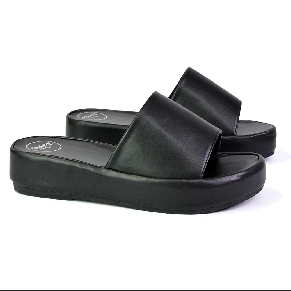 Coco Flatform Summer Comfy Slip on Low Wedge Platform Flat Sandal Slides in Black