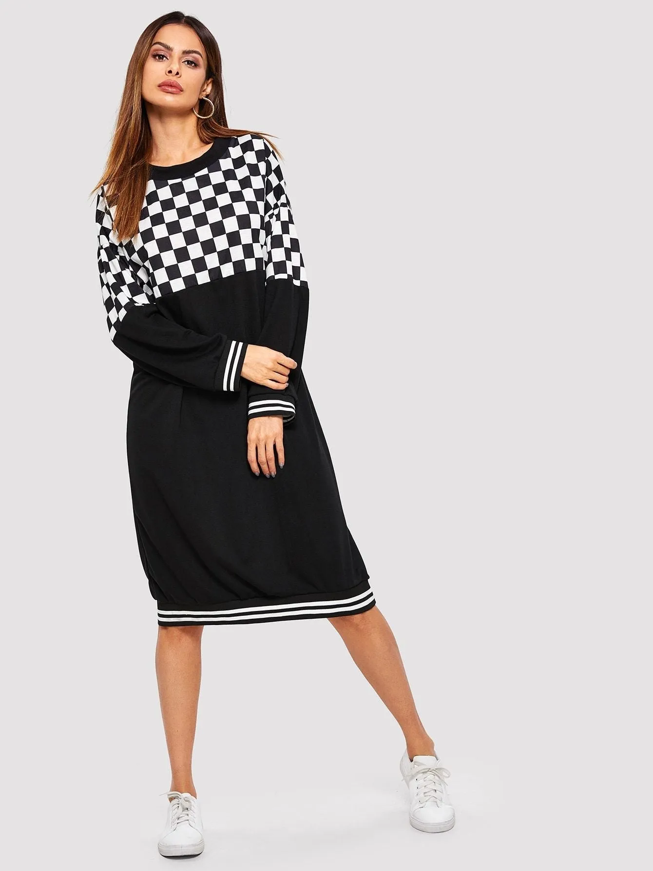 Contrast Checkerboard Drop Shoulder Sweatshirt Dress