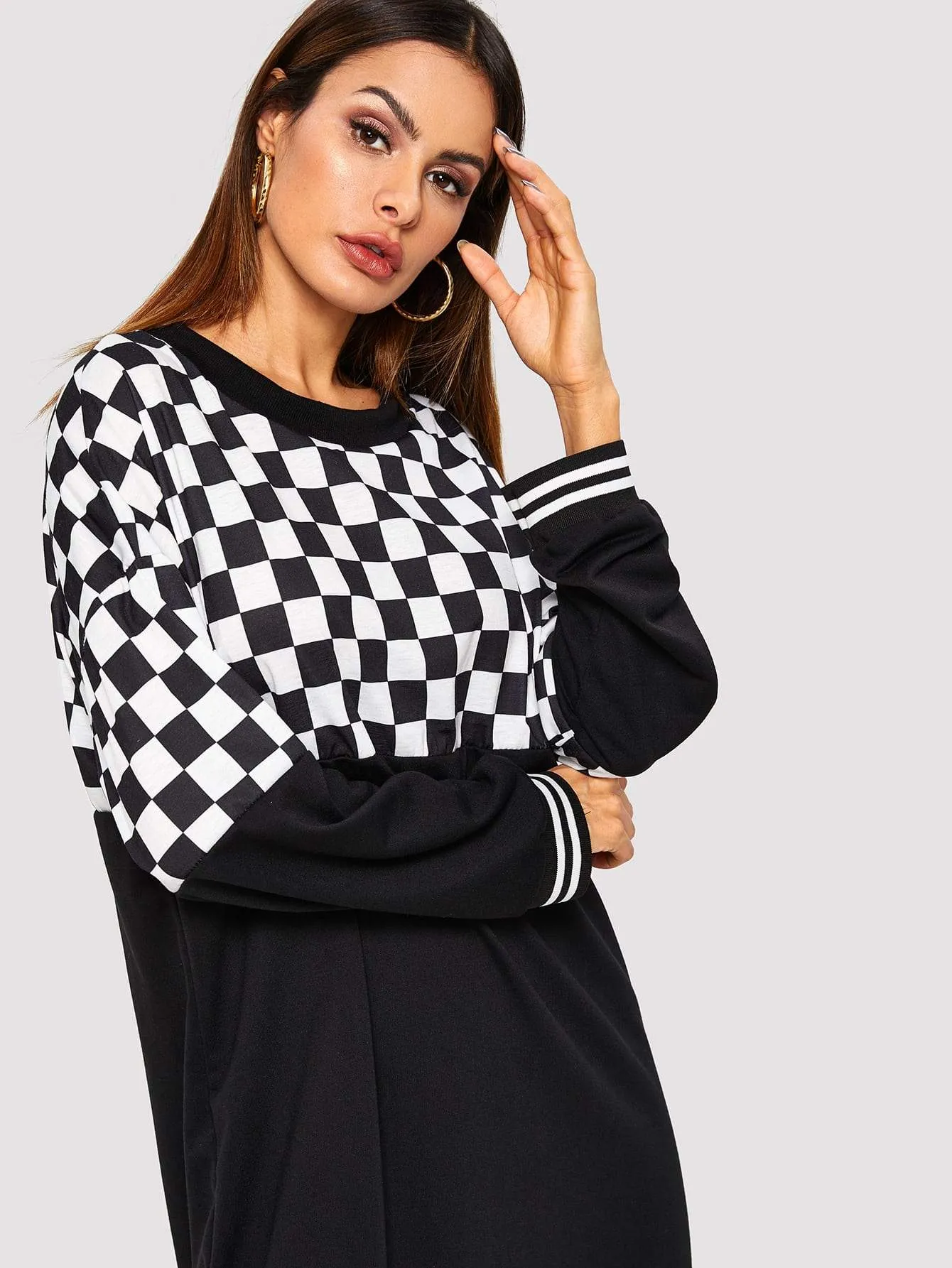 Contrast Checkerboard Drop Shoulder Sweatshirt Dress