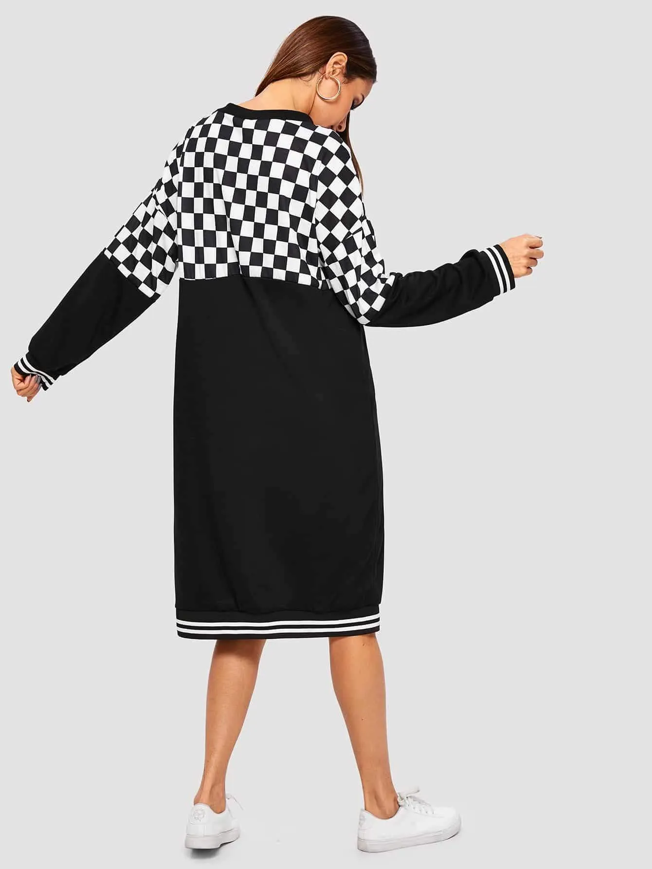 Contrast Checkerboard Drop Shoulder Sweatshirt Dress