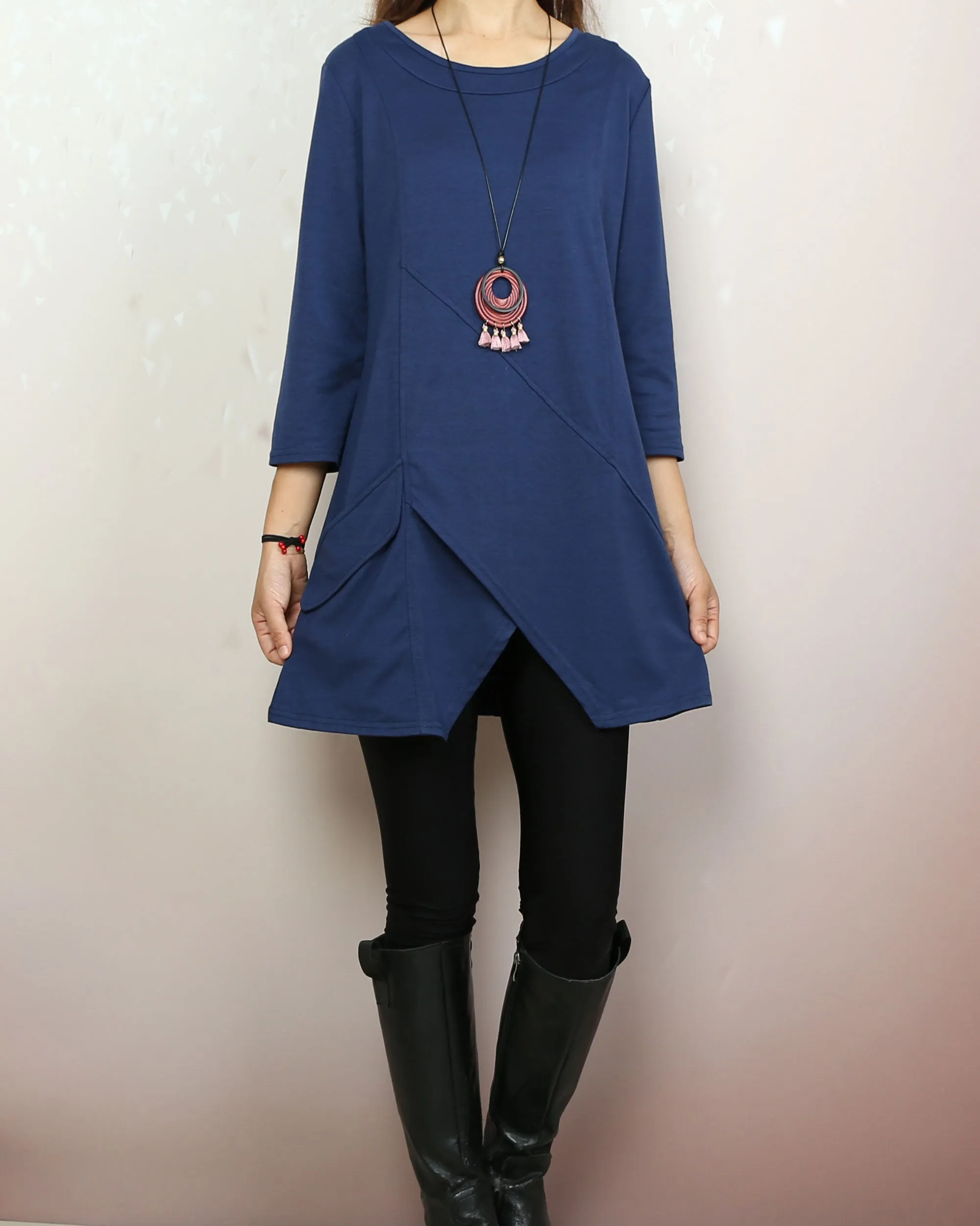 Cotton t-shirt, 3/4 sleeve cotton tunic top, Boho tunic tops, casual loose t-shirt, women's dark blue long tops(Y2008)