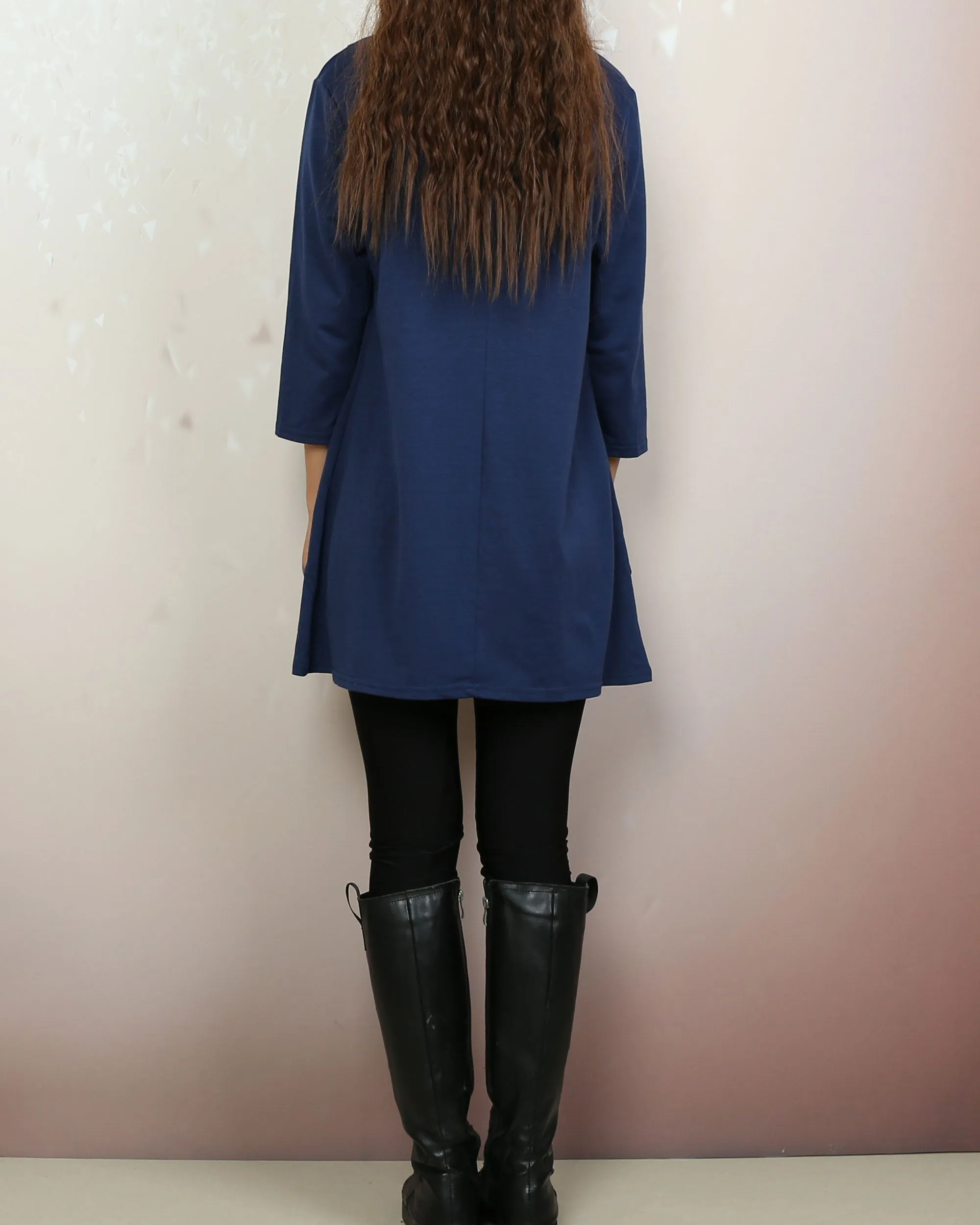 Cotton t-shirt, 3/4 sleeve cotton tunic top, Boho tunic tops, casual loose t-shirt, women's dark blue long tops(Y2008)