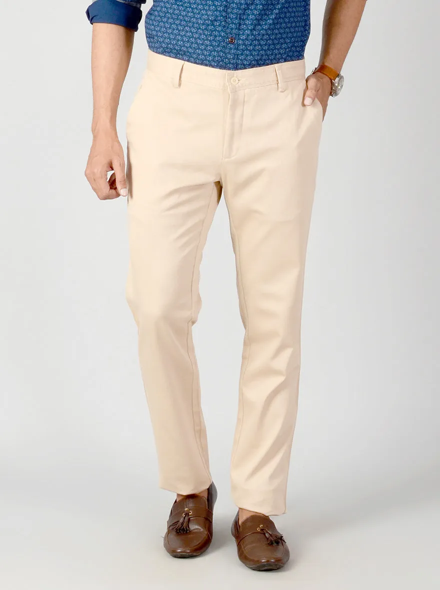 Cream Self Textured Slim Fit Casual Trouser | JadeBlue