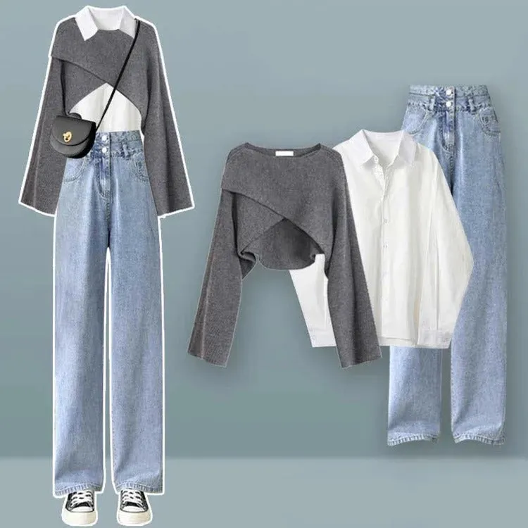 Cross Knit Sweater Shirt Denim Pants Three Piece Set