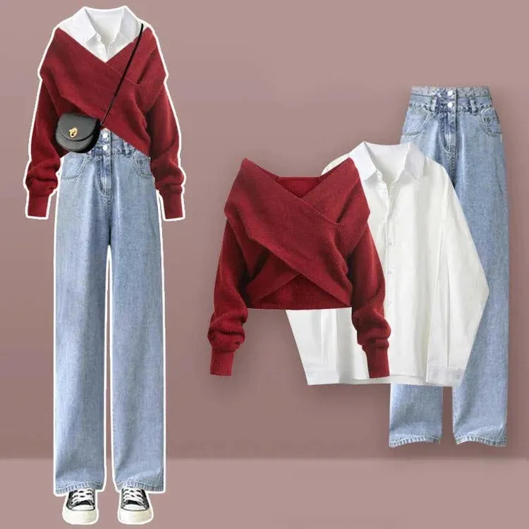 Cross Knit Sweater Shirt Denim Pants Three Piece Set