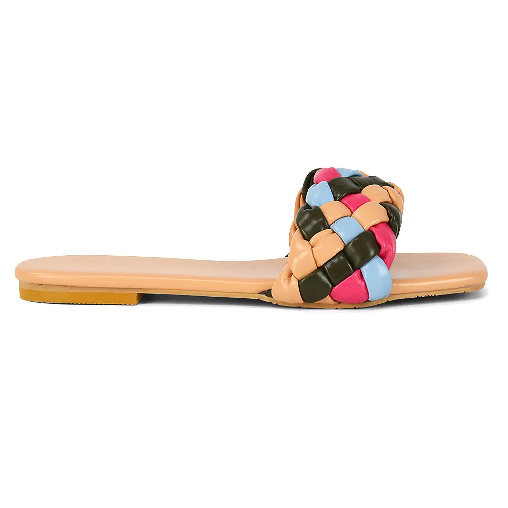 DARCIE WOVEN STRAP SQUARE TOE FLAT SLIDER SANDAL IN WHITE MULTI SYNTHETIC LEATHER