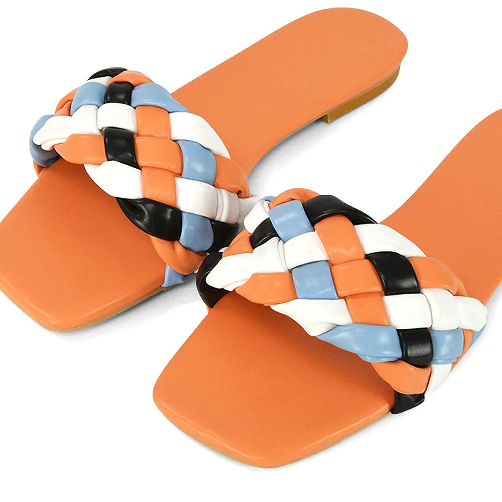 DARCIE WOVEN STRAP SQUARE TOE FLAT SLIDER SANDAL IN WHITE MULTI SYNTHETIC LEATHER