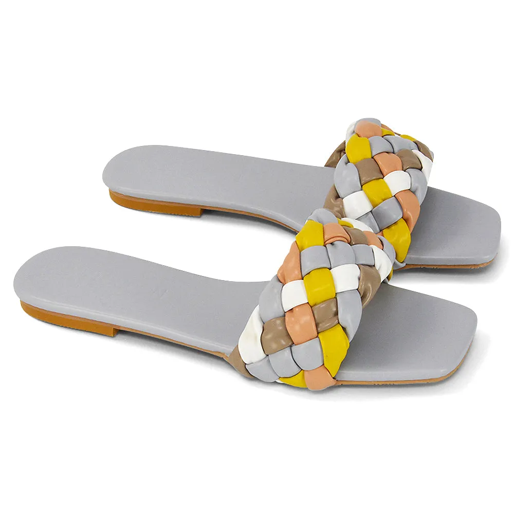 DARCIE WOVEN STRAP SQUARE TOE FLAT SLIDER SANDAL IN WHITE MULTI SYNTHETIC LEATHER