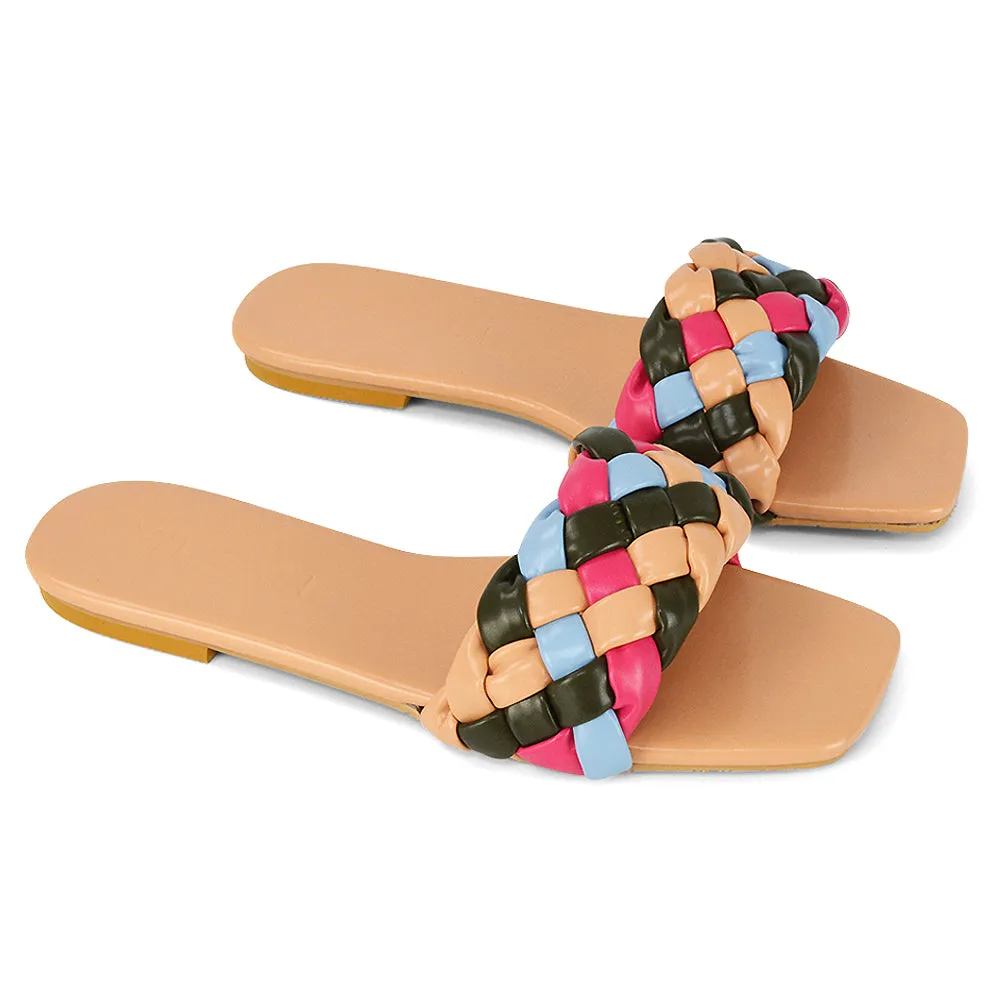 DARCIE WOVEN STRAP SQUARE TOE FLAT SLIDER SANDAL IN WHITE MULTI SYNTHETIC LEATHER