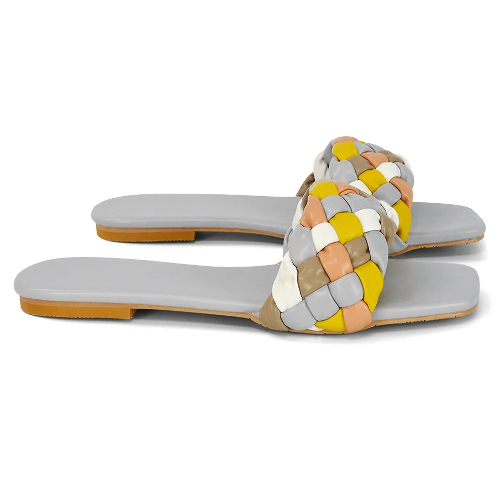 DARCIE WOVEN STRAP SQUARE TOE FLAT SLIDER SANDAL IN WHITE MULTI SYNTHETIC LEATHER