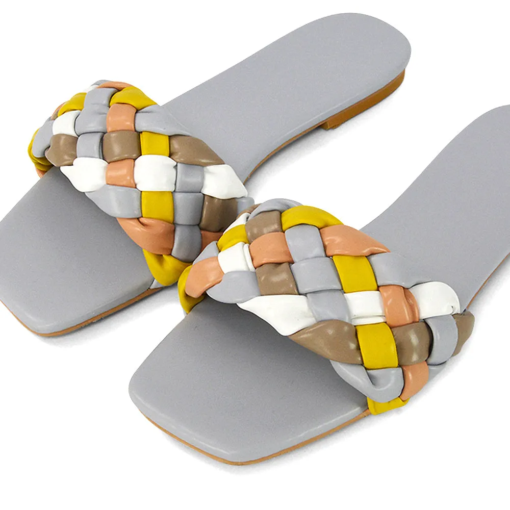 DARCIE WOVEN STRAP SQUARE TOE FLAT SLIDER SANDAL IN WHITE MULTI SYNTHETIC LEATHER