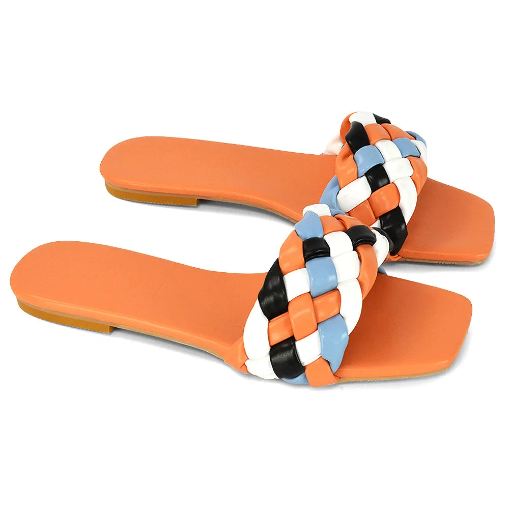 DARCIE WOVEN STRAP SQUARE TOE FLAT SLIDER SANDAL IN WHITE MULTI SYNTHETIC LEATHER