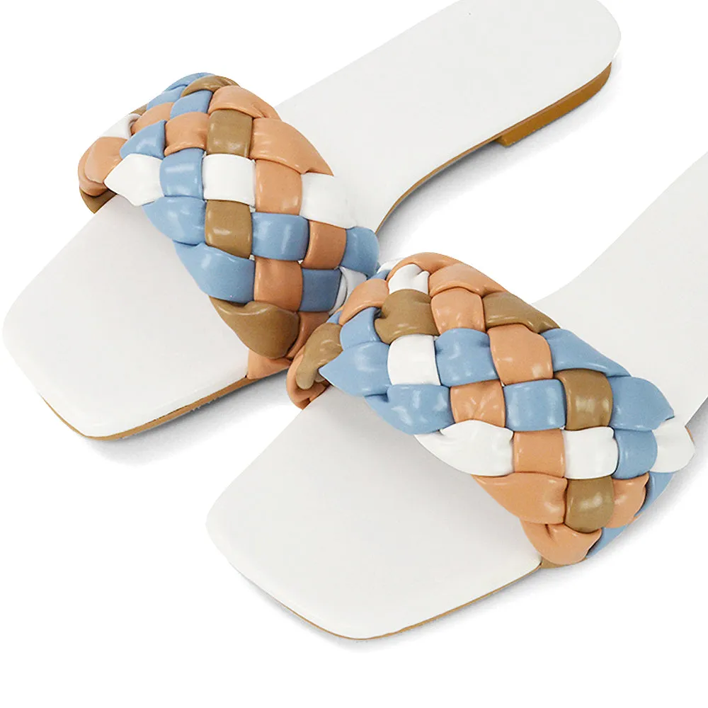 DARCIE WOVEN STRAP SQUARE TOE FLAT SLIDER SANDAL IN WHITE MULTI SYNTHETIC LEATHER