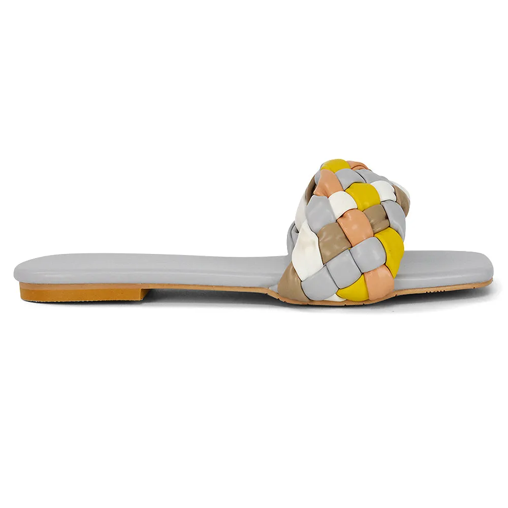 DARCIE WOVEN STRAP SQUARE TOE FLAT SLIDER SANDAL IN WHITE MULTI SYNTHETIC LEATHER