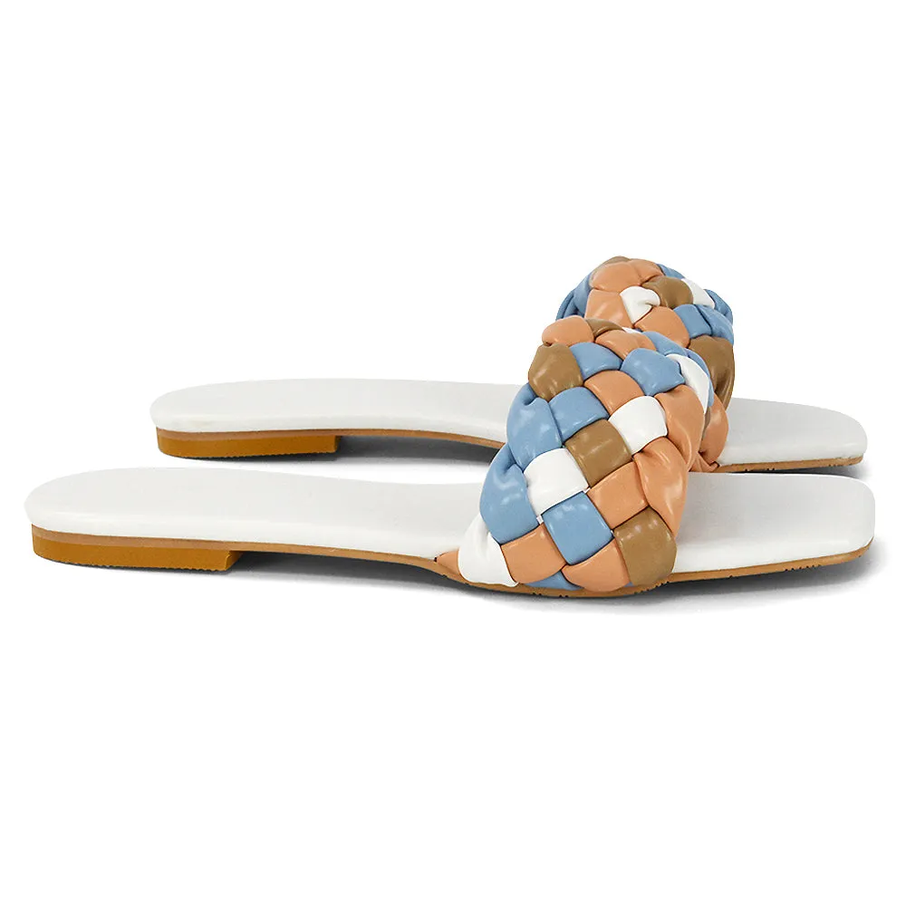 DARCIE WOVEN STRAP SQUARE TOE FLAT SLIDER SANDAL IN WHITE MULTI SYNTHETIC LEATHER