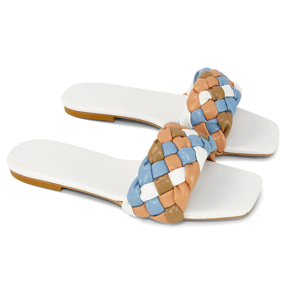 DARCIE WOVEN STRAP SQUARE TOE FLAT SLIDER SANDAL IN WHITE MULTI SYNTHETIC LEATHER